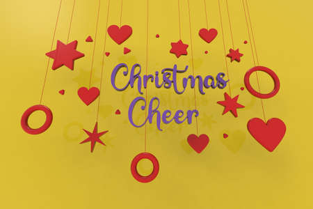 3d render. christmas red ornament hanging around the word merry christmas, on yellow backgroundの写真素材