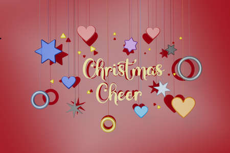 3d render. christmas ornament hanging around the word merry christmas, on red backgroundの写真素材