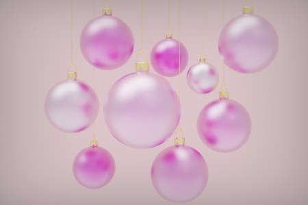 3d render, realistic pink Christmas balls isolated on pink background.の写真素材