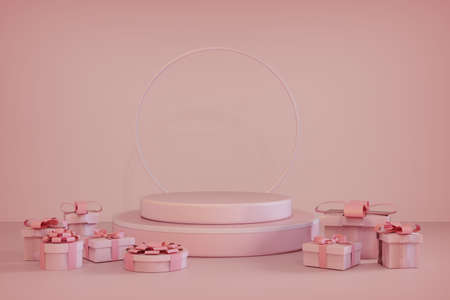 3d rendering of pink podium and gift box. Christmas showcaseの写真素材