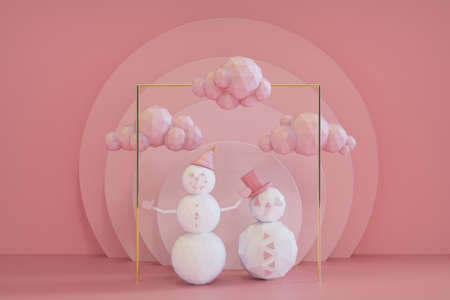 Christmas Pink Podium Scene With Snowman And clouds Collections 3d Render.の写真素材