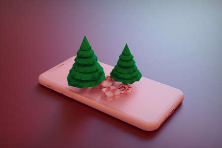 3D illustration of christmas tree on smartphone. Christmas smartphone application. . 3D Rendering.の写真素材
