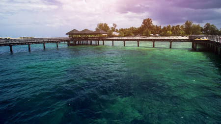 Wooden Beach Dock, Wooden Pier at Beautiful Tropical Beachの写真素材