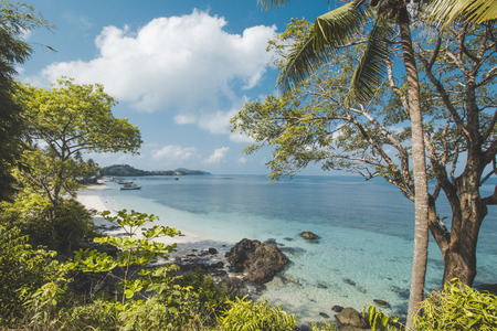 Coconut Tree, Granite Rock, Clear Sea Water and Tropical Beach Landscapeの写真素材