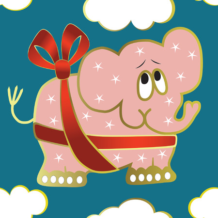 Seamless background with elephant, red ribbonのイラスト素材