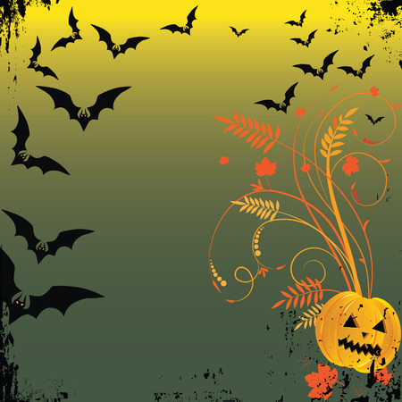 grunge Halloween frame with bat, pumpkins, element for design, vector illustration. のイラスト素材