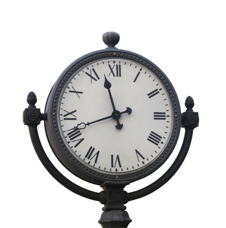 Metal street clock with roman numbers, isolated on white. の写真素材