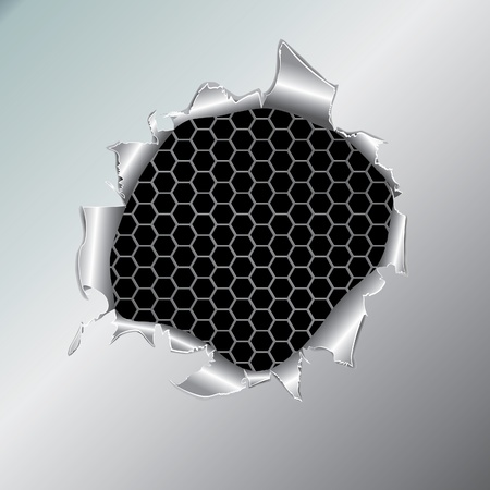 Hexagon metallic background, hole in the metal paper. Vector illustrationのイラスト素材