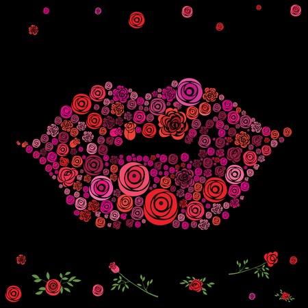 Flower rose shaped in lips on the black background. Vector illustrationのイラスト素材