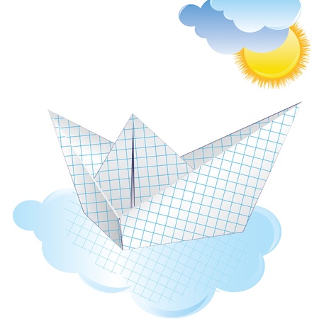 Boat paper ship with sun and cloud. Origamiのイラスト素材