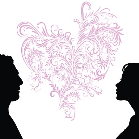 Man and woman face silhouette with heart.のイラスト素材