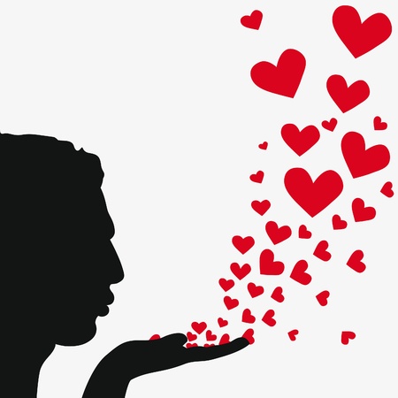Profile man face, silhouette hand. Handsome boyfriend blowing heart. Drawing background. Beautiful vector illustration.のイラスト素材