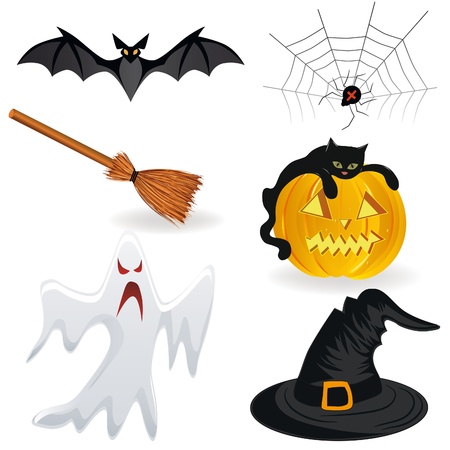 Halloween icon, pumpkin Hat, bat, spider, broom, ghost. のイラスト素材