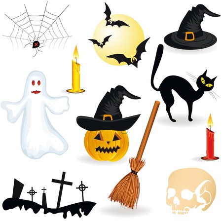 Halloween icon, pumpkin. Hat, candle, spider, broom, ghost, graveyard.のイラスト素材
