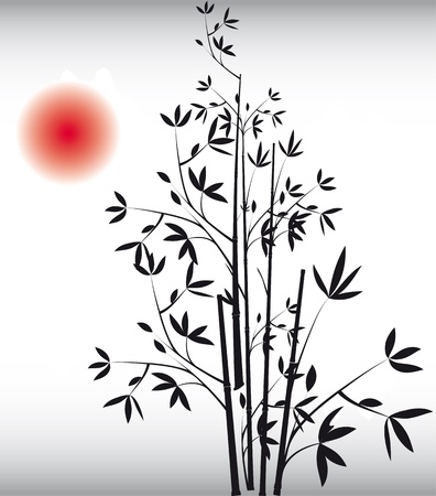 Black bamboo vector. Art traditional. Chinese background with red sun.のイラスト素材