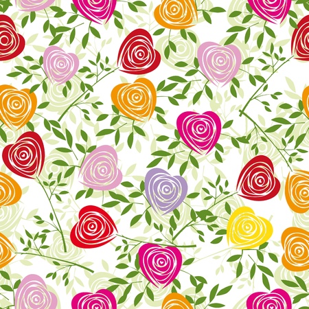 Multicoloured art heart, rose pattern. Seamless flower background pattern. Fabric texture. Floral vintage design. Pretty cute wallpaper. Romantic cartoon feminine filigree tile.のイラスト素材