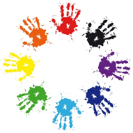 Print of hand from ink colorful splash. Vector grunge illustration of hand of child,  cute teamwork backgroundのイラスト素材