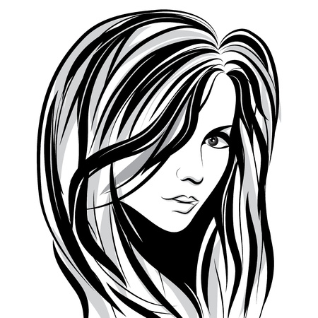 Beauty girl face sketch, woman face vector portrait  Hair wave のイラスト素材