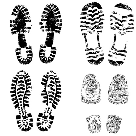 Print of foot shoe of child, collection of various highly detailed boot tracks. Hiking, elegant, sporty, formal, mountain boots are included. Grunge isolated vector illustration.のイラスト素材