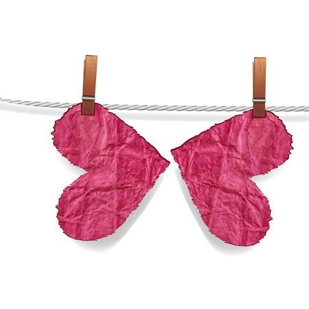 Butterfly heart crumpled ragged paper attached to a rope with pin, valentine  illustration. Element for design.のイラスト素材
