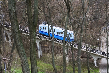 Public transport cable railway funicular in Kyiv, Ukraine, on right bank of the Dnieper   Dnipro River のeditorial素材