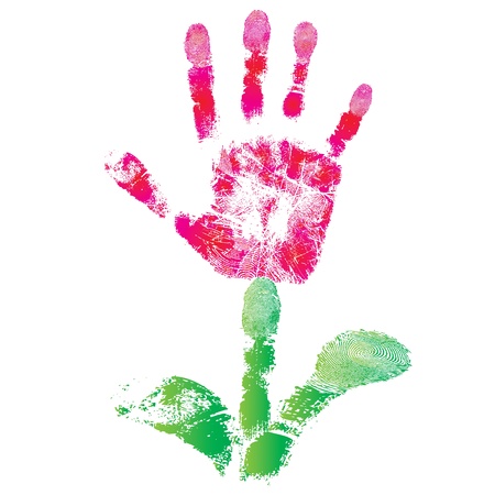 Palm print flower of hand of child as logo or icon sign, cute skin texture pattern, vector grunge illustration. Element for design.の写真素材