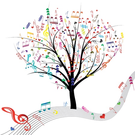 Music tree hearts note symbol vector on wave lines  Design love element  Valentine abstract background のイラスト素材
