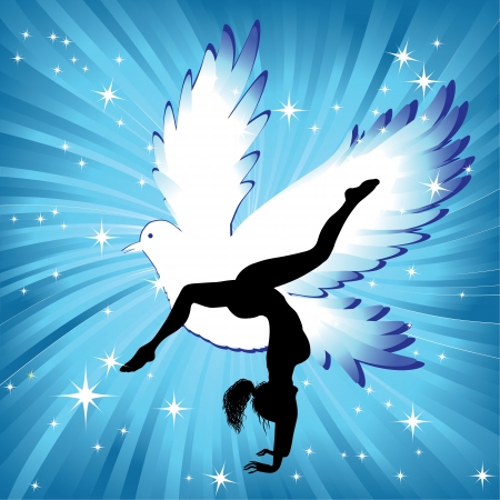 Woman in yoga bird asana sport on wave background  Girl silhouette pose in front of sky  Energy medicine illustration  Element for design のイラスト素材