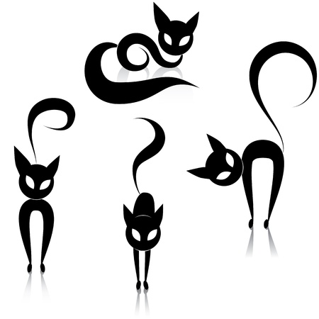 Black cat icon silhouette collection  animal set sketch kitty logo isolated on white のイラスト素材