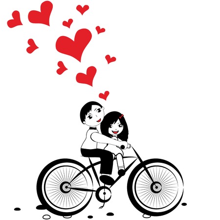 Happy man and woman in love on bicycle. Girl boy cycling with big red heart for valentine day vectorのイラスト素材