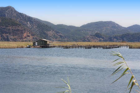 Old hut beside river at countryside photoの写真素材