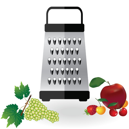 Grater metallic icon and fruits apple, strawberry, cherry, grapes illustration. Kitchen equipment steel food cut accessory isolated on white.のイラスト素材