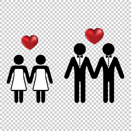 Couple or two homo lovers icon simple with a vector heart love silhouettes. Wedding marriage of lesbians or gays.のイラスト素材