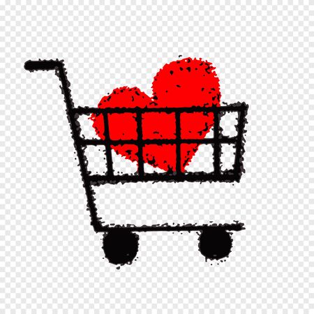 Shopping cart with heart icon thin line for web and mobile, modern minimalistic flat design. Vector icon with dark grey outline and offset colour on light grey background.のイラスト素材