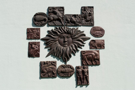 Zodiac signs. Star symbols for astrological calendar, horoscope. Libra, Capricorn, Taurus , Virgo, Sagittarius photo carved on wallの写真素材