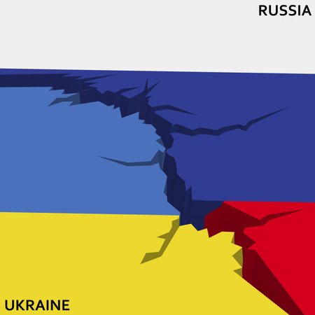 Russia and Ukraine painted flags on a wall with a crack. Russia and Ukraine relations. Ukraine and Russia flags together vectorのイラスト素材