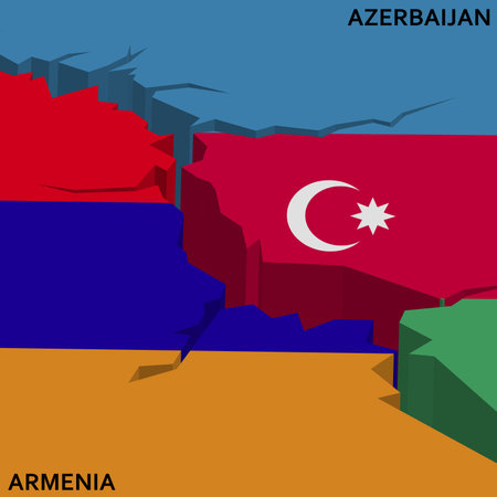 Azerbaijan and Armenia conflict. Country flags on broken wall vector Illustrationのイラスト素材