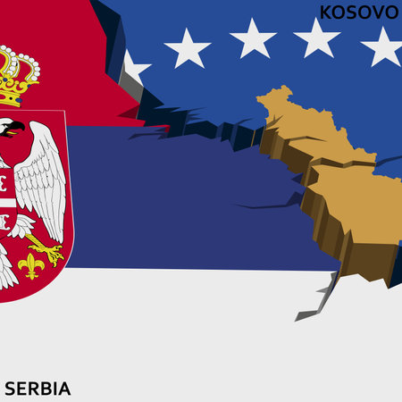 Serbia and Kosovo conflict. Country National flags on broken weathered cracked wall vectorのイラスト素材