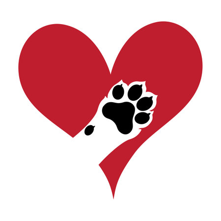 love paw print vector logo illustration. paw print with a heart symbol dog paw print. veterinary clinic logo. animal care sign.のイラスト素材