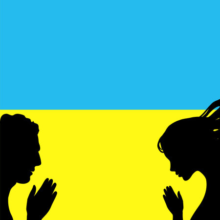 ukraine crisis war in ukraine flag colors vector pray for peace national flag. People man and woman hands pray for world support against terror attackのイラスト素材