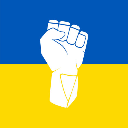 Human fist graphics on Ukraine flag background. Concept of resistance. Stop war between Russia and Ukraine. Creative concept. Solidarity with Ukraine. Pray for Ukraine.のイラスト素材
