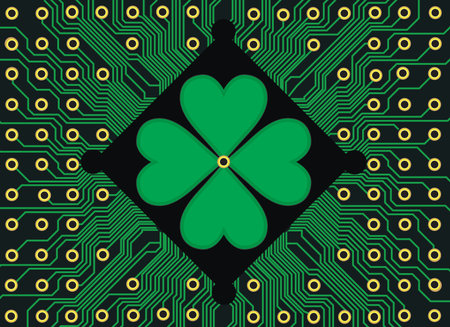 shamrock clover elements computer holiday four-leaf hi-tech clover with circuit board. St. Patrick's day symbol. Vector illustration.のイラスト素材