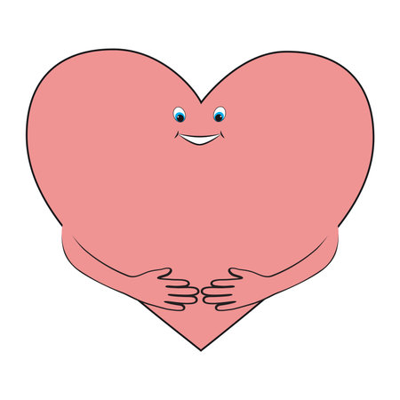 Vector cartoon cute happy heart character with smile and hands hugging self on white background, love yourselfのイラスト素材