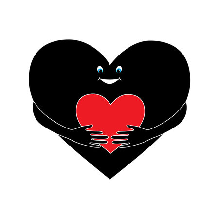 Care emoji face emoticon with large open glossy eyes hugging a red heart with both hands showing care, support, and presence Valentine's Day Vector Card tattooのイラスト素材