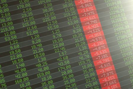 Stock market crash, panic. Computer screen showing red negative numbers across the board.の写真素材