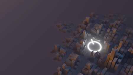 Smart cities, modern urban environment concept. City at dusk with a power symbol. Abstract 3D...