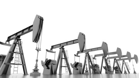 Oil field, pumpjacks and pipelines. Digital render concept.の写真素材