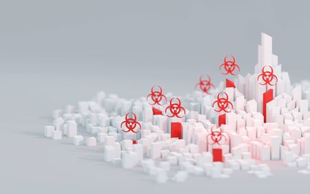 Disease outbreak in urban environment, biological hazard concept. Digital 3D render.