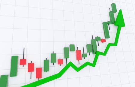 Stock market boom, financial gains, safe investment concept. Green arrow soaring over candlesticks chart. Digital 3D render.