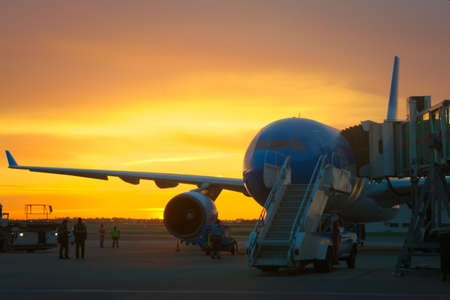Airport ground crew loading cargo and luggage on a commercial aircraft at dawn.